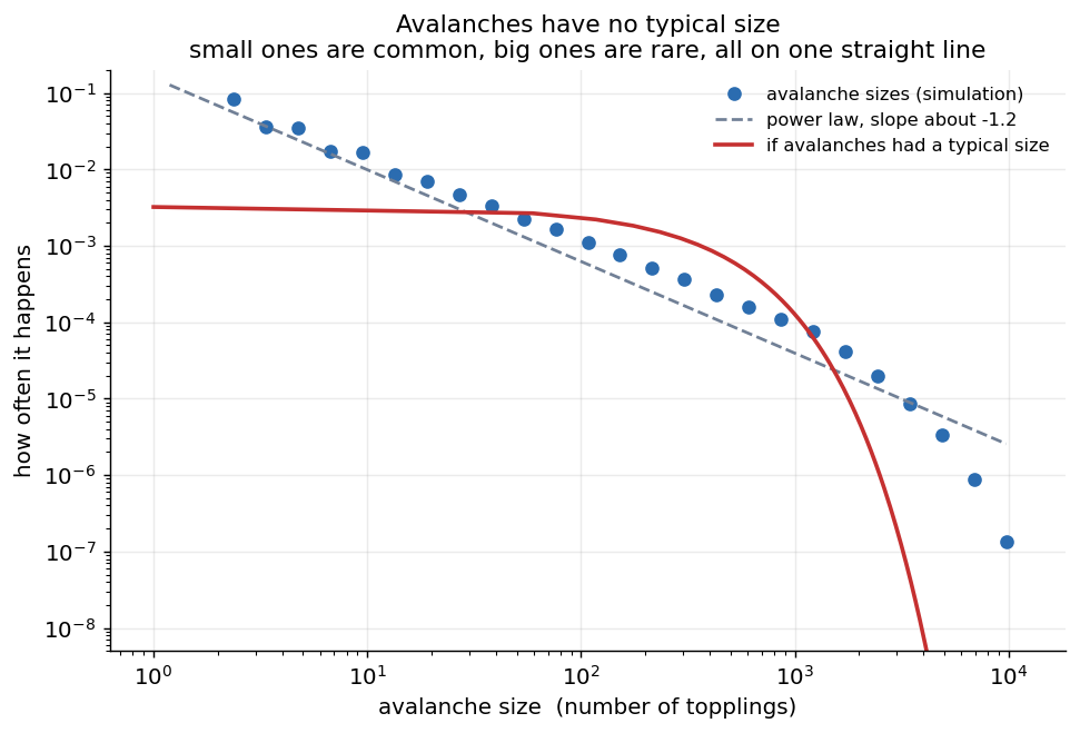 A log-log plot. Blue dots, the avalanche sizes from the simulation, fall along a straight downward line across four decades. A dashed line marks a power law of slope about minus 1.2. A red curve, labeled as the “typical size” expectation, starts flat and then plunges steeply, far below the dots, at large sizes.