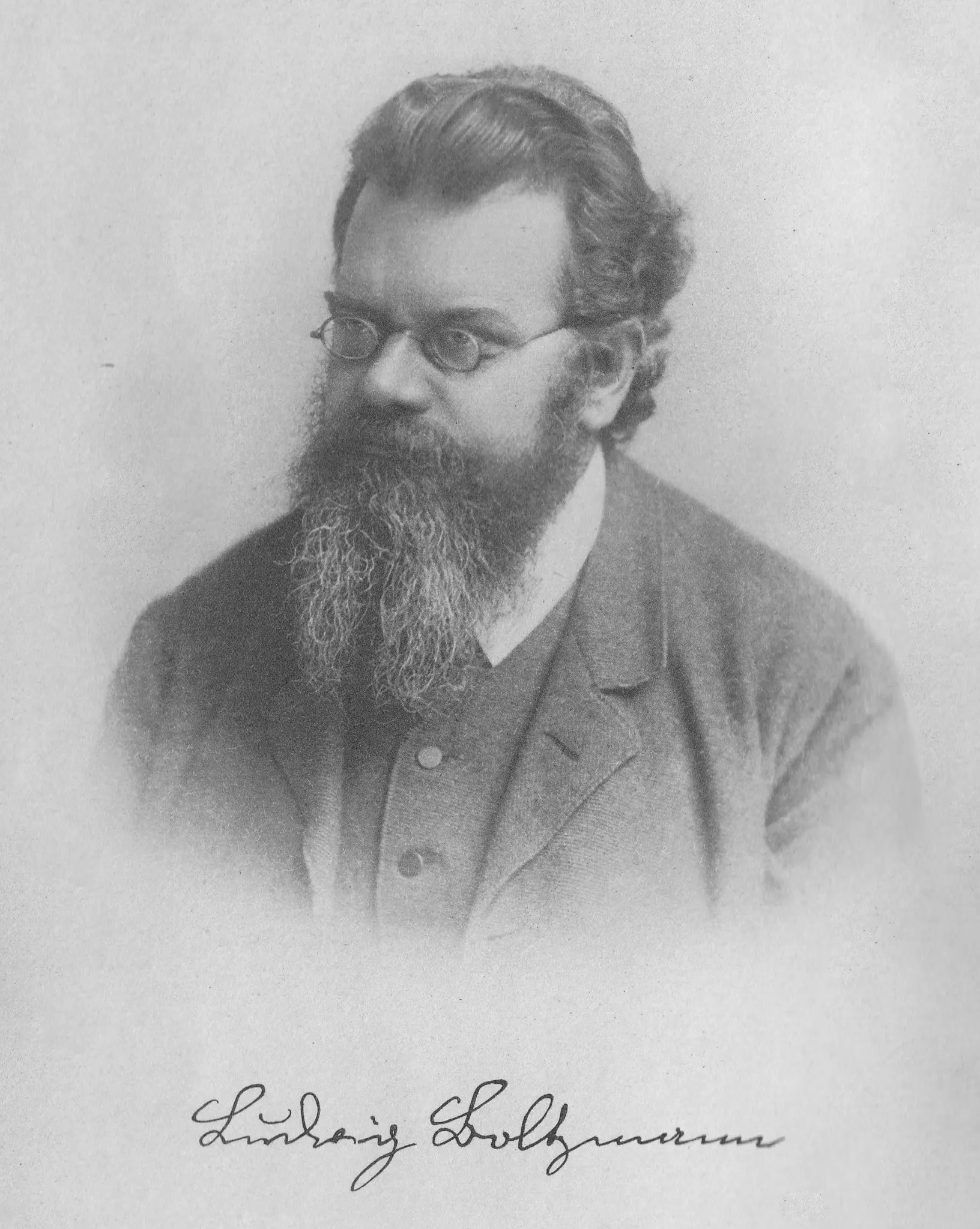 Engraved portrait of a bearded man in round glasses and a dark jacket, with a handwritten signature below