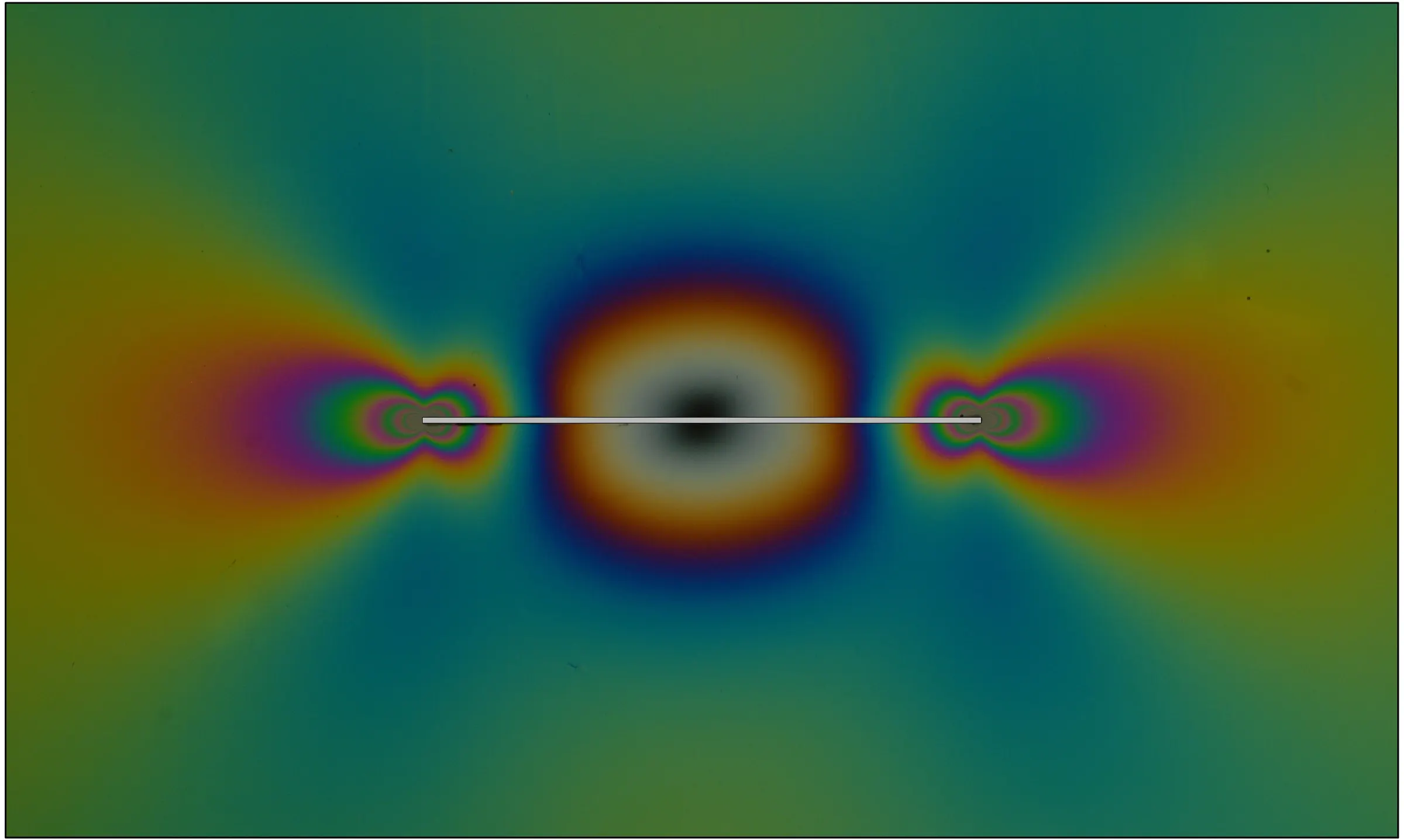 Concentric rainbow-coloured bands of red, violet, blue and yellow bunching around the two ends of a thin horizontal white line on a teal and olive field, with a dark ring pattern at its centre
